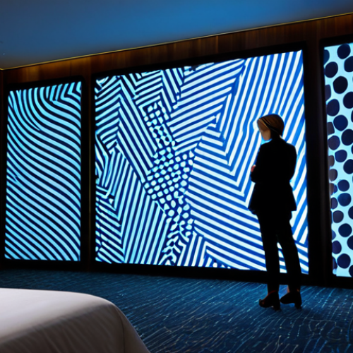 A sophisticated female hotel guest in modest, professional attire stands thoughtfully in a modern hotel room, observing a large, dynamic digital art installation projected onto a wall. The projection displays abstract, evolving patterns that subtly change color and form, creating an immersive, multi-sensory atmosphere. The room features minimalist, high-quality furnishings and soft, ambient lighting. The scene emphasizes an artistic, curated experience within a private space, with perfect anatomy, natural proportions, well-formed hands, and proper finger count. This is a professional photograph, high quality, safe for work, appropriate content, fully clothed, and family-friendly.