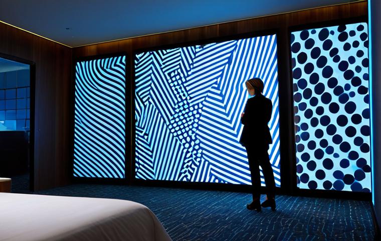 A sophisticated female hotel guest in modest, professional attire stands thoughtfully in a modern hotel room, observing a large, dynamic digital art installation projected onto a wall. The projection displays abstract, evolving patterns that subtly change color and form, creating an immersive, multi-sensory atmosphere. The room features minimalist, high-quality furnishings and soft, ambient lighting. The scene emphasizes an artistic, curated experience within a private space, with perfect anatomy, natural proportions, well-formed hands, and proper finger count. This is a professional photograph, high quality, safe for work, appropriate content, fully clothed, and family-friendly.