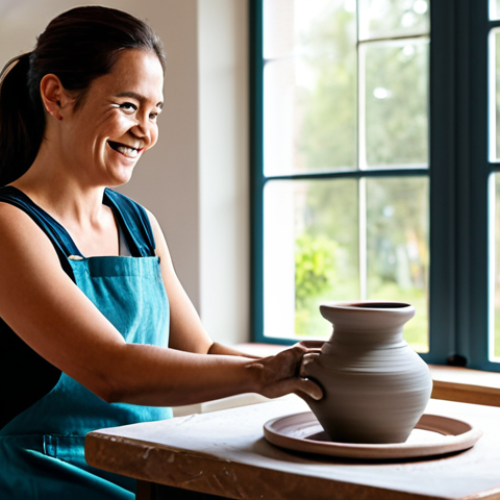 Creative Workshop**

A fully clothed woman in appropriate attire participating in a pottery workshop in a bright, modern hotel studio.  She's smiling, focused on shaping clay on a pottery wheel. Other participants are visible in the background, also engaged in their projects.  The scene is well-lit, with natural light streaming in from a large window.  Safe for work, family-friendly, perfect anatomy, natural pose, well-formed hands, professional photography, high quality image.

**