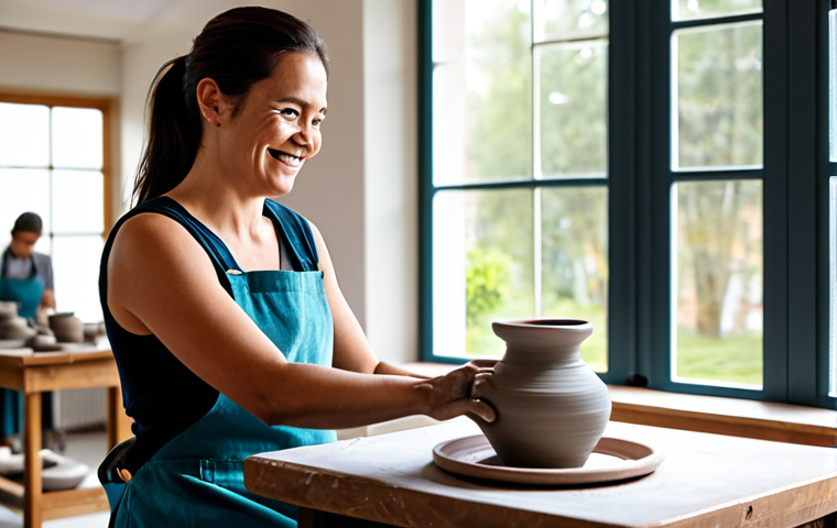 Creative Workshop**
A fully clothed woman in appropriate attire participating in a pottery workshop in a bright, modern hotel studio. She's smiling, focused on shaping clay on a pottery wheel. Other participants are visible in the background, also engaged in their projects. The scene is well-lit, with natural light streaming in from a large window. Safe for work, family-friendly, perfect anatomy, natural pose, well-formed hands, professional photography, high quality image.
**