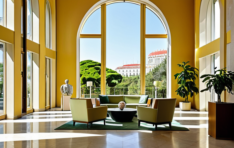 **
A bright, airy hotel lobby in Lisbon. Sunlight streams through large windows, illuminating modern art sculptures. Guests are casually dressed, enjoying coffee. Lush green plants add a fresh feel. "Safe for work," "appropriate content," "fully clothed," "professional," "modest," "perfect anatomy," "correct proportions," "natural pose," "high quality," "Lisbon hotel," "modern art," "sunlit lobby," "family-friendly".
**
