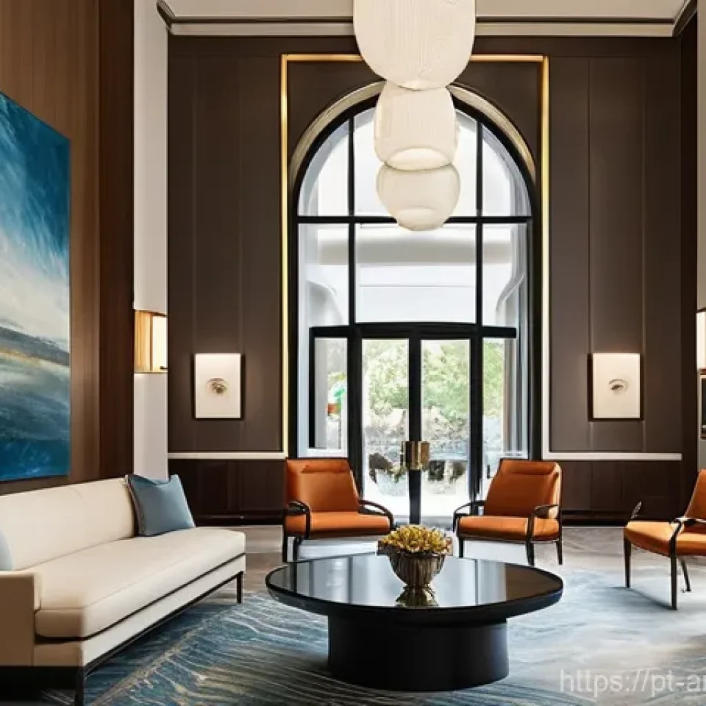 아트호텔에서의 예술적 휴식 - **Prompt for Curated Art Space in a Hotel Lobby:**
    "A grand, elegant hotel lobby with high ceili...
