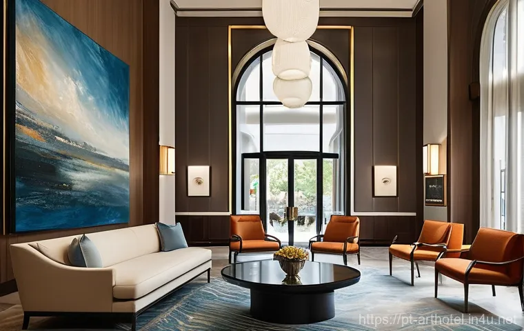 아트호텔에서의 예술적 휴식 - **Prompt for Curated Art Space in a Hotel Lobby:**
    "A grand, elegant hotel lobby with high ceili...