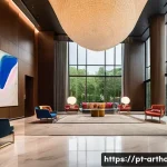 아트호텔 독특한 서비스 - **A Grand Art Hotel Lobby with Immersive Contemporary Art:**
    "A wide-angle shot of a luxurious a...
