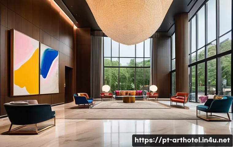 아트호텔 독특한 서비스 - **A Grand Art Hotel Lobby with Immersive Contemporary Art:**
    "A wide-angle shot of a luxurious a...