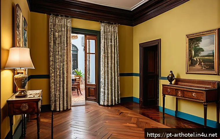 아트호텔과 빈티지 예술 - A cozy boutique hotel hallway blending vintage and modern styles, featuring restored antique wooden ...