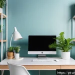 Home 18 예술적 인테리어를 위한 컬러 선택 - A modern home office interior bathed in natural light, featuring soft pastel blue walls that promote...