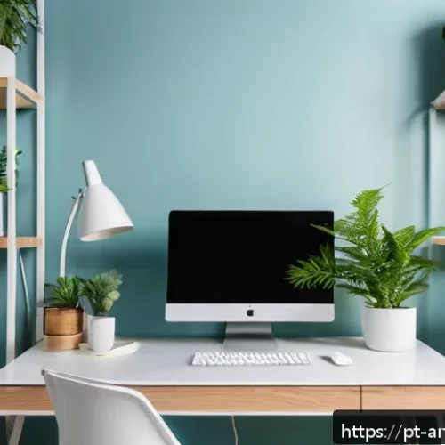 Home 30 예술적 인테리어를 위한 컬러 선택 - A modern home office interior bathed in natural light, featuring soft pastel blue walls that promote...