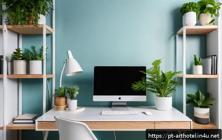 예술적 인테리어를 위한 컬러 선택 - A modern home office interior bathed in natural light, featuring soft pastel blue walls that promote...