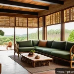 Home 23 아트호텔 건축적 혁신 - A serene boutique hotel lobby showcasing sustainable architecture, featuring reclaimed wood beams an...