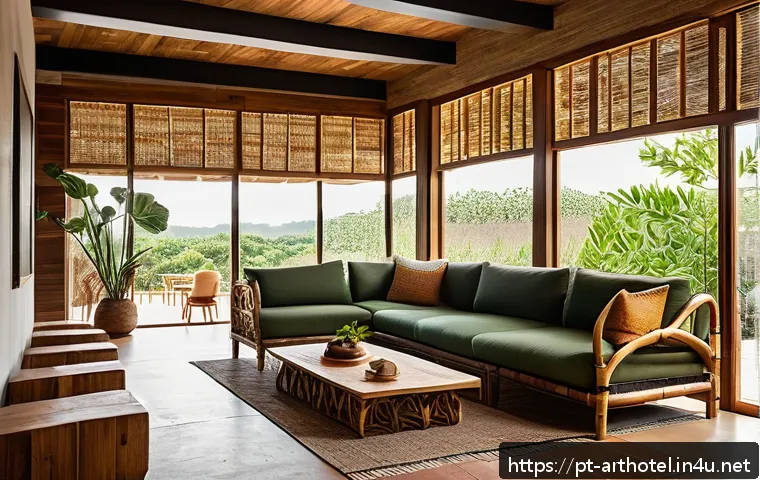 아트호텔 건축적 혁신 - A serene boutique hotel lobby showcasing sustainable architecture, featuring reclaimed wood beams an...