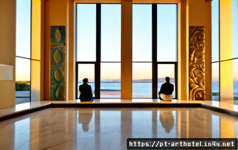 아트호텔의 문화적 가치 - Photorealistic wide interior of a Portuguese art hotel lobby in Lisbon, featuring a curated contempo...