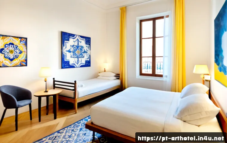 Home 17 아트호텔 패밀리 룸 - Photorealistic spacious art hotel family room in Lisbon, Portugal, with a king bed and two neatly ma...