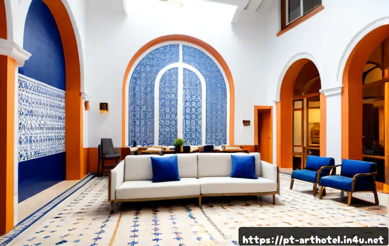 Home 30 아트호텔 예술가 협업 프로젝트 - Photorealistic boutique art hotel lobby in Lisbon, a Portuguese mural artist collaborating with an i...
