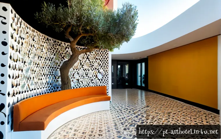 Home 17 아트호텔 유니크한 디자인 - Photorealistic boutique art hotel lobby in Lisbon, Portugal, featuring sculptural ceramic wall insta...